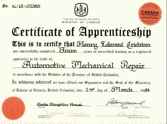 Certificate of Apprenticeship BC